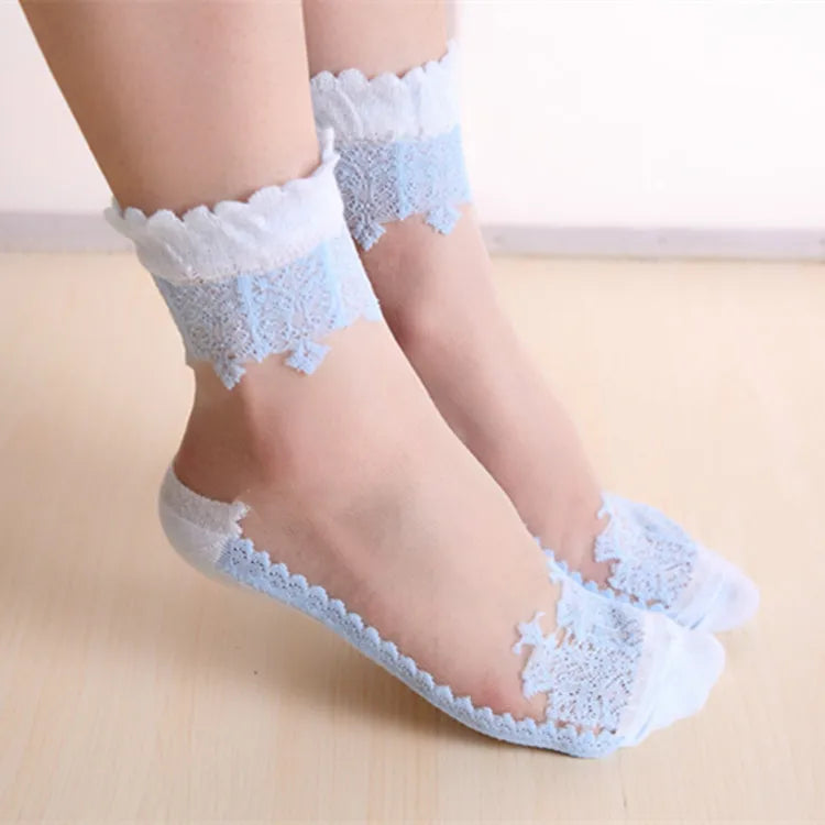 1 Pair Spring Summer Ladies Ultrathin Lace Embroidery Silk Transparent Glass Crytal Stretch Women Soft Elastic Breathable Socks