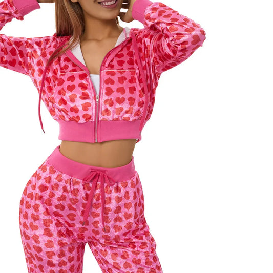 Women's Pants Suits Female Short Coat Heart Print Long Sleeve Tops with Zipper and Pockets Women's Clothes for Spring Fall 2024