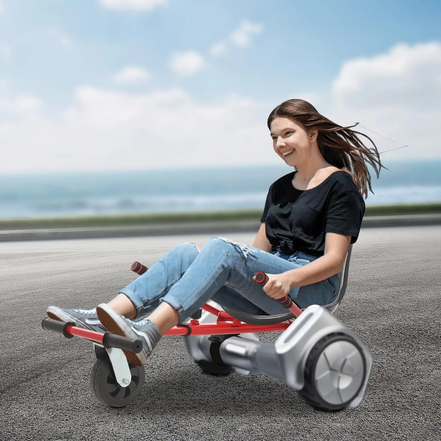 Hoverboard Go Kart Seat with Rear Shock Absorption, Adjustable Balancing Scooter