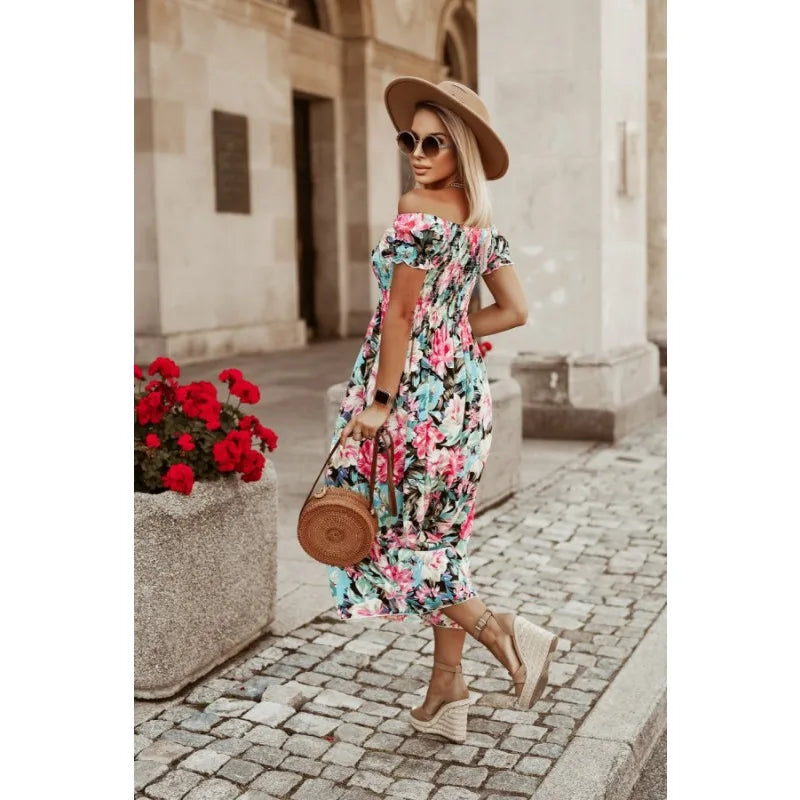 Women Fashion Off Shoulder Elegant  Dress Ladies New Casual Loose Print Holiday Dresses Womens Clothing ﻿