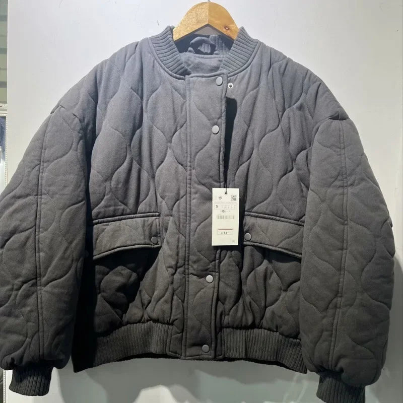 Autumn/Winter ZR Stock Cotton-Padded Loose-Fit Bomber Jacket Women's Cross-Border Best-Seller Crew Neck Casual Clothing