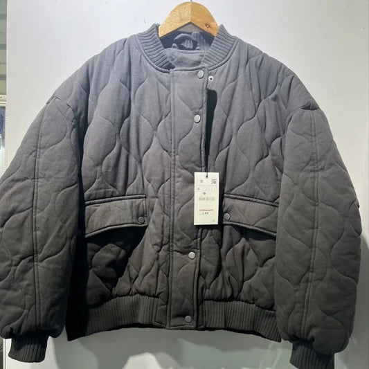 Autumn/Winter ZR Stock Cotton-Padded Loose-Fit Bomber Jacket Women's Cross-Border Best-Seller Crew Neck Casual Clothing