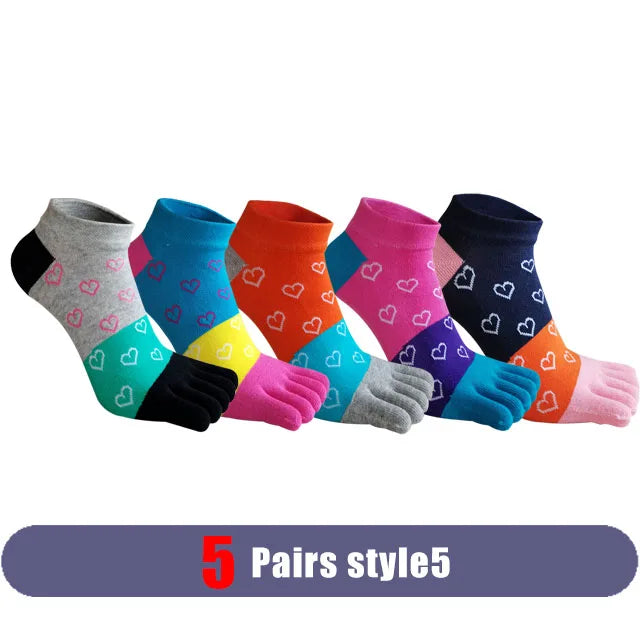 5 Pairs Woman Girl Toes Socks Ankle Cotton Bright Color Fashions Striped Love Cute Sweat-Absorbing  Low Cut Five Finger Socks
