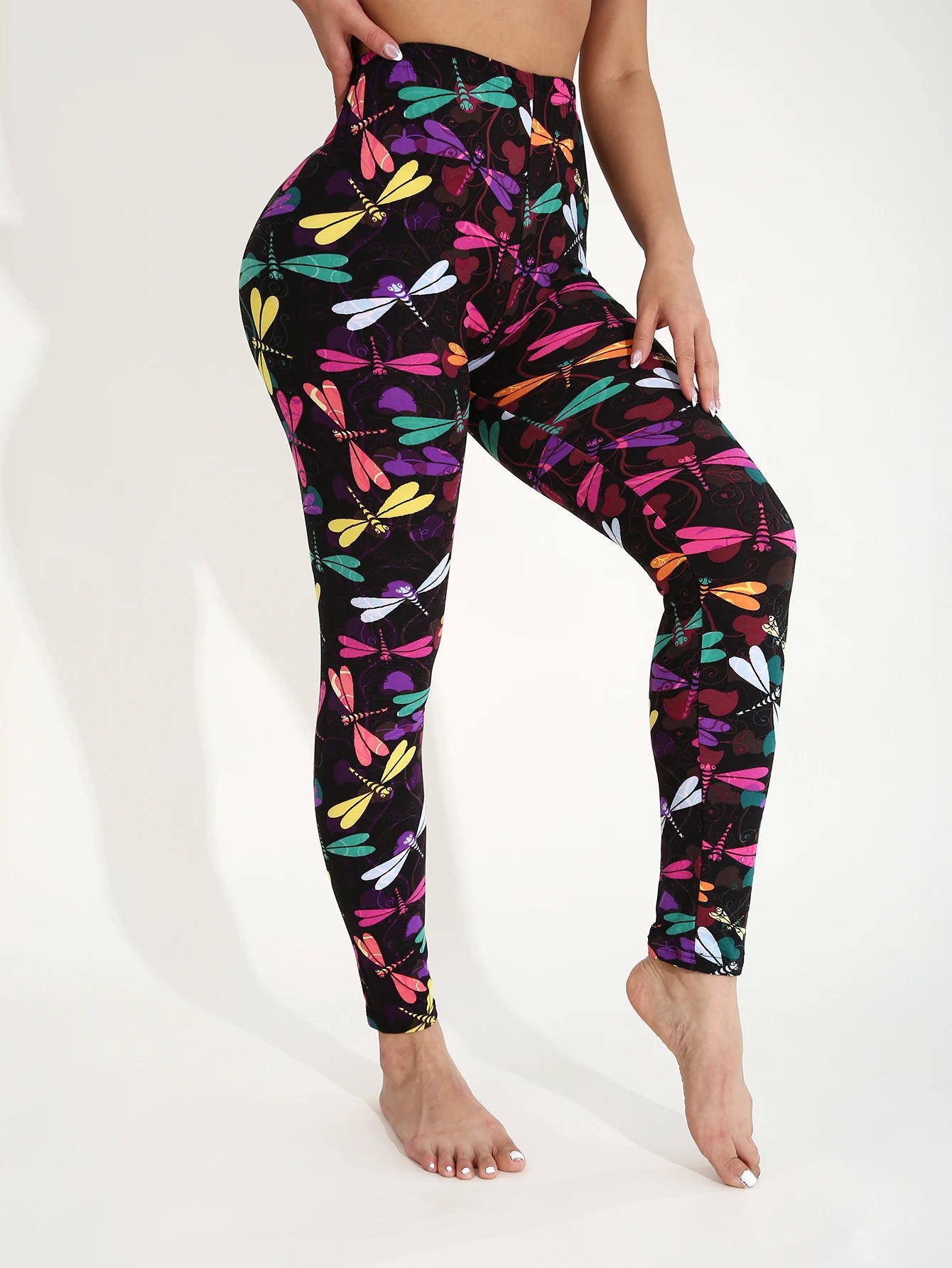 Autumn Winter 1PACK Women's Black Bottom Colorful Dragonfly Pattern Sexy Tight Legging Casual Sports Elegant Fitness Yoga Pants