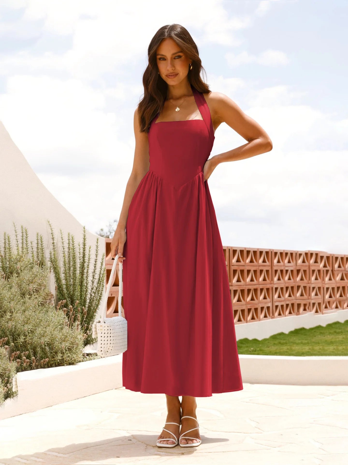 European and American Women's Clothing 2025 New Temperament Solid Color Square Collar Waist Halter Neck Backless Dress