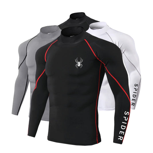 Mens Running T-shirts Compression Long Sleeve Sport Shirts Spider Printing Fitness Training Jogging Gym Quick Dry Tee