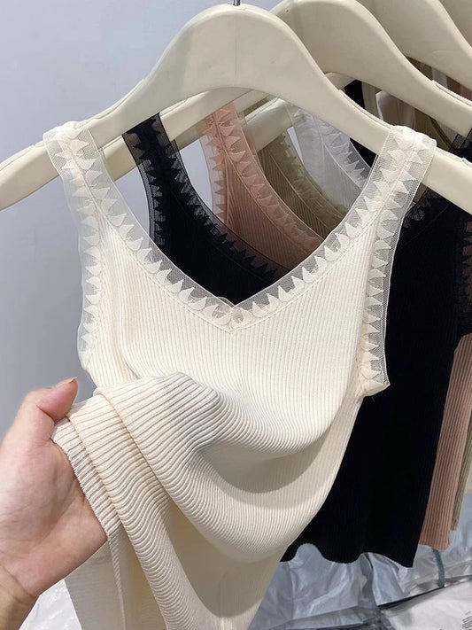 Women Summer Fashion Thin Knitted Undershirt Sleeveless Pullover Corset Top Half High Neck Comfortable Breathable Lace Tank Top