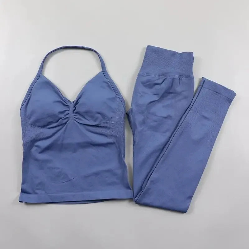 Omen's Lace-up Top and Leggings Set with Padded High Waist Folding and Seamless Design for Yoga Fitness and Gym Workouts