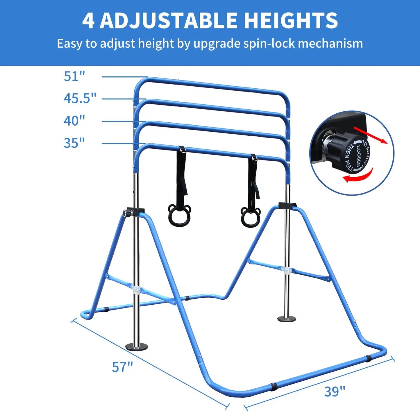 Kids' Adjustable Height Multi-functional Foldable Gymnastic Bar for Home Use