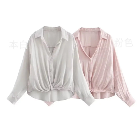 New Women's Clothing European And American Style French Design Fashionable Versatile Knot Decoration Silk Texture Shirt