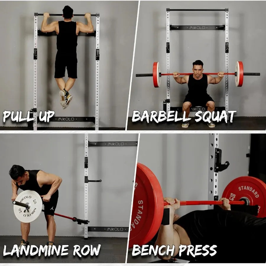 Wall Mounted Squat Rack with Folding Design and Integrated Lat Pulldown Cable Crossover System for Home Gym Compact Power Cage