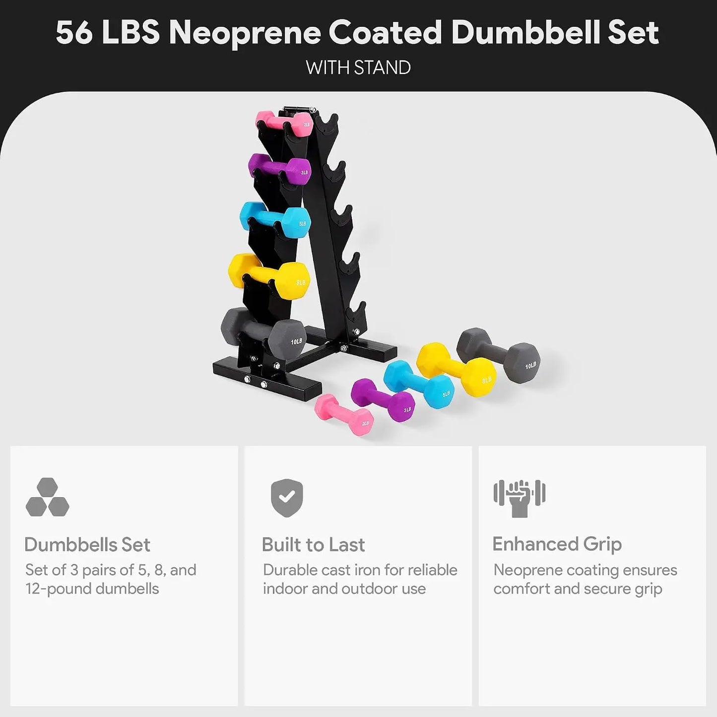 Neoprene Coated Iron Dumbbell Hex Weights Set With Heavy Duty A Frame Storage Stand, Hexagonal Hand Weights Set Non Slip Grip Anti Roll Floor Safe Dumbbells Pair For Home Gym Strength Training, Black
