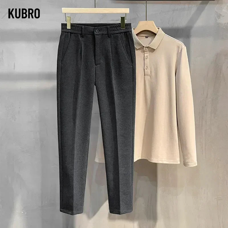 Autumn Winter Suit Pants Men Thick Business Elastic Waist Classic Grey Brown Woolen Straight Korean Formal Trousers Male 28-38