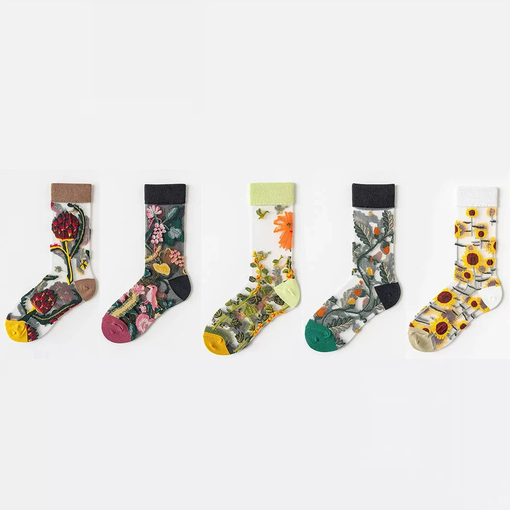 5 Pairs/Set France Hipster Design Glass Silk Floral Bird Funny Socks Women Transparent Art Ankle  Socks Jacquard