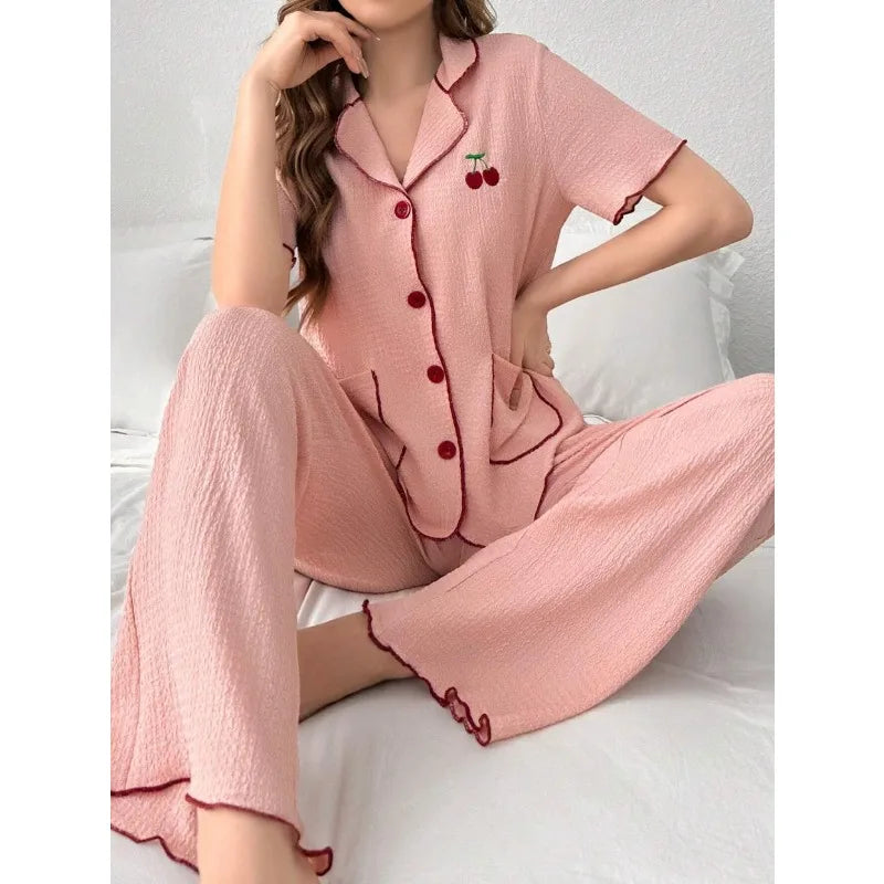 Women's Home Wear New Short-sleeved Trousers Cardigan Lapel Pajamas New Two-piece Home Wear Loungewear Women