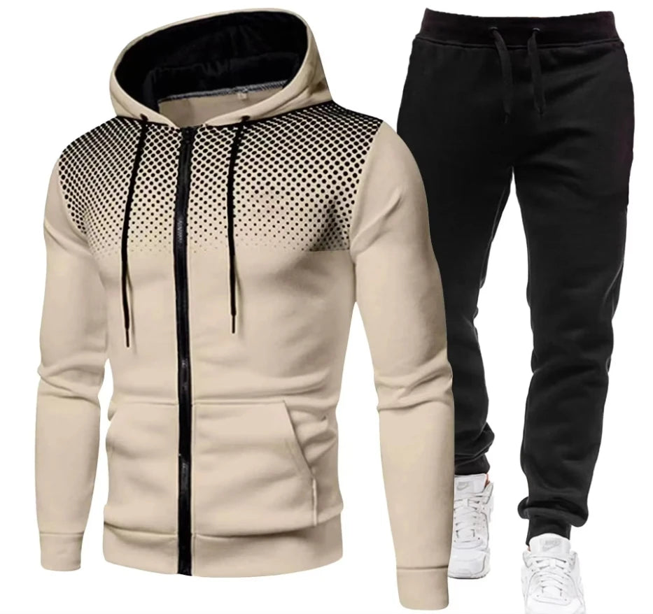 Fashion Print Tracksuit for Men Zipper Hooded Sweatshirt and Sweatpants Two Pieces Suits Male Casual Fitness Jogging Sports Sets