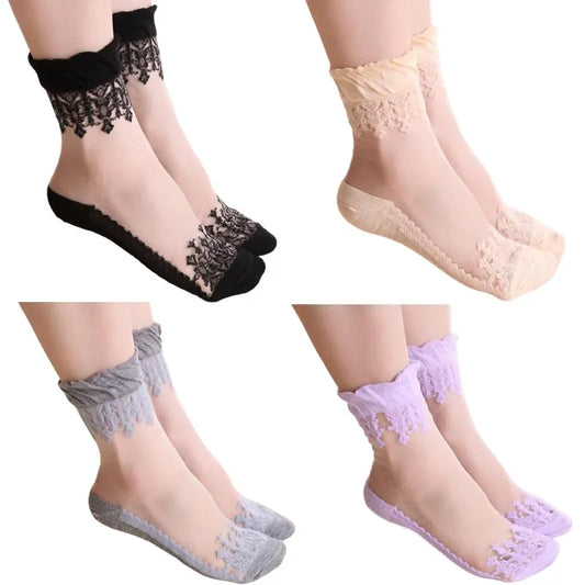 1 Pair Spring Summer Ladies Ultrathin Lace Embroidery Silk Transparent Glass Crytal Stretch Women Soft Elastic Breathable Socks