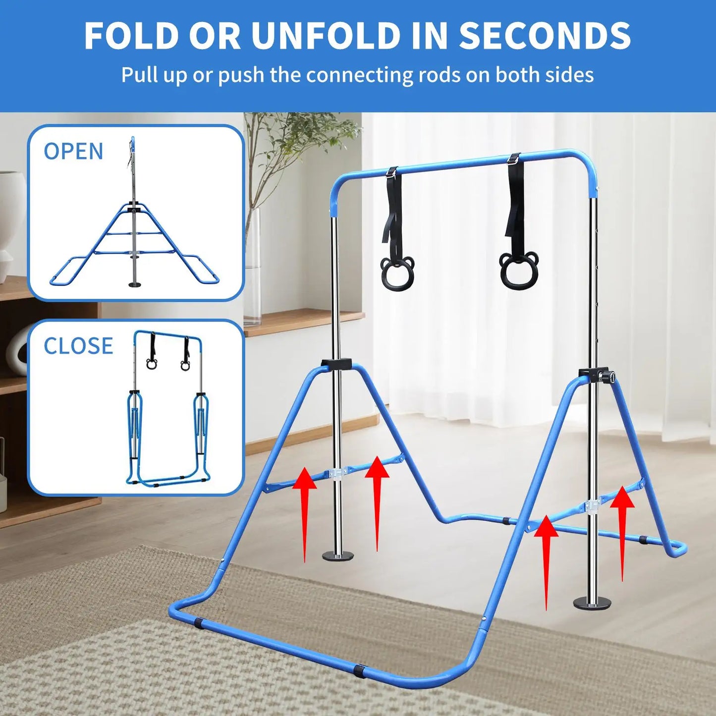 Kids' Adjustable Height Multi-functional Foldable Gymnastic Bar for Home Use