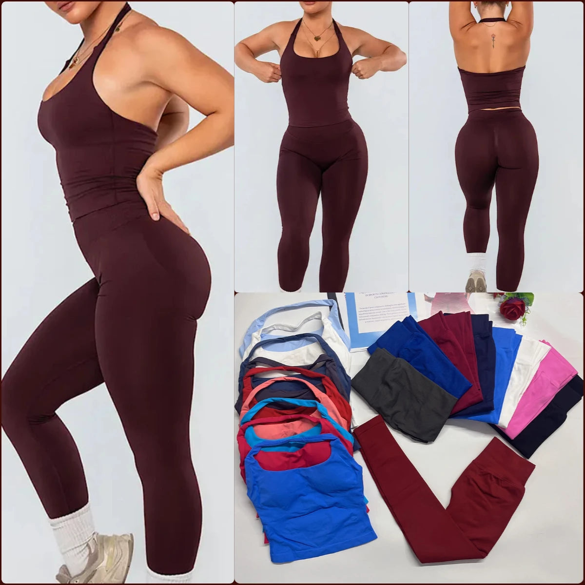 2026 Yoga outfit DFNNYE two Pieces Gym Set seamless Women DF impact backless Halter Top Leggings Fitness Clothes Workout sets