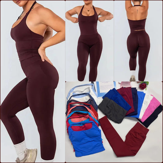 2026 Yoga outfit DFNNYE two Pieces Gym Set seamless Women DF impact backless Halter Top Leggings Fitness Clothes Workout sets