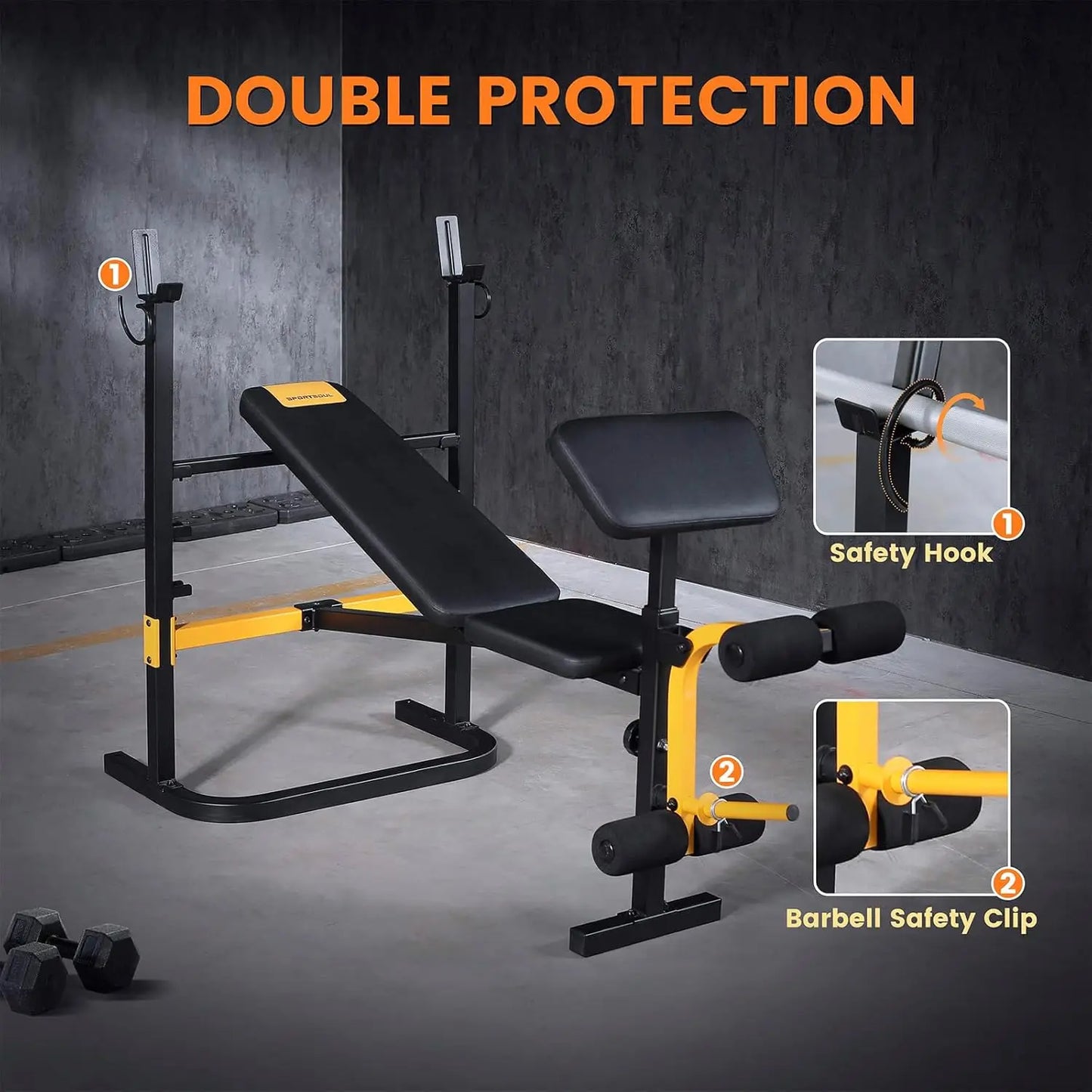 Adjustable Weight Bench Press Set with Squat Rack Dual Function Leg Exercises Preacher Curl Rack Pad Strength Training for Home