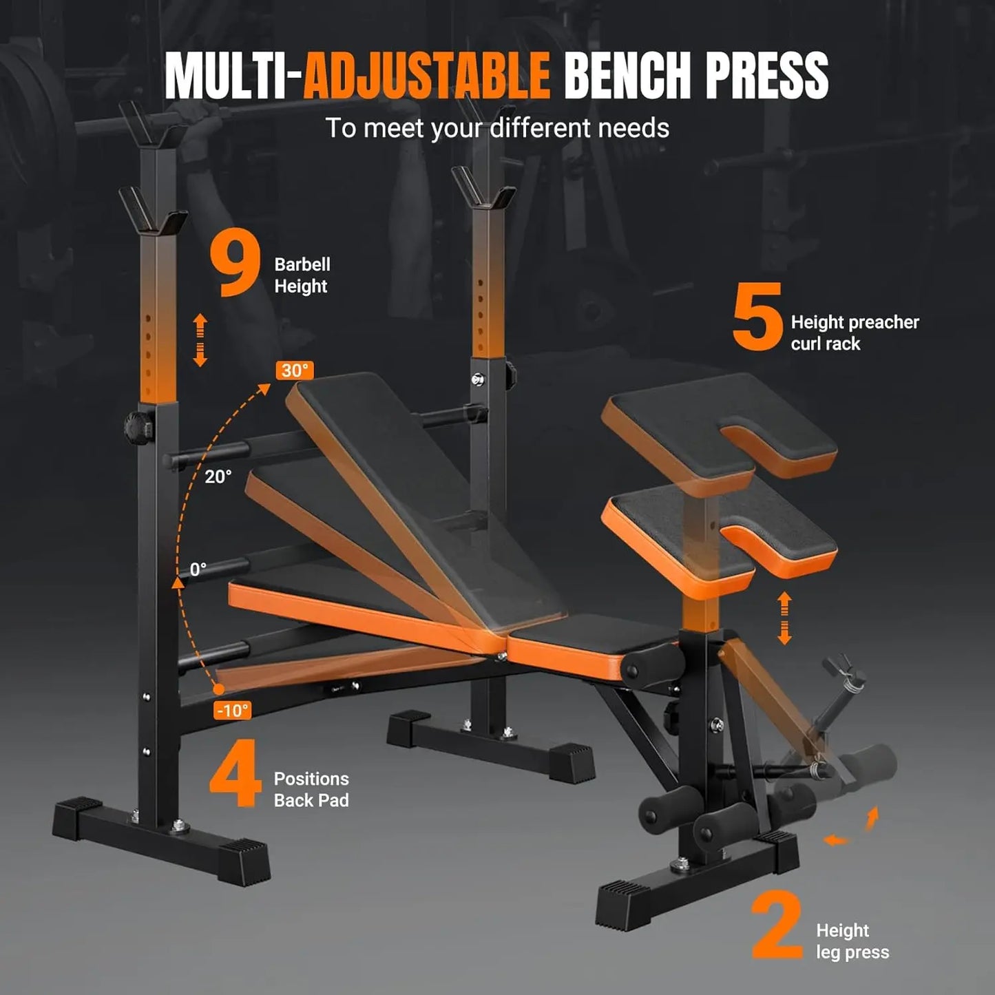 6 in 1 Space Saving Weight Bench Set for Home Gym, Fast Folding & Adjustable Workout Bench, Bench Press Rack/Leg, Customized