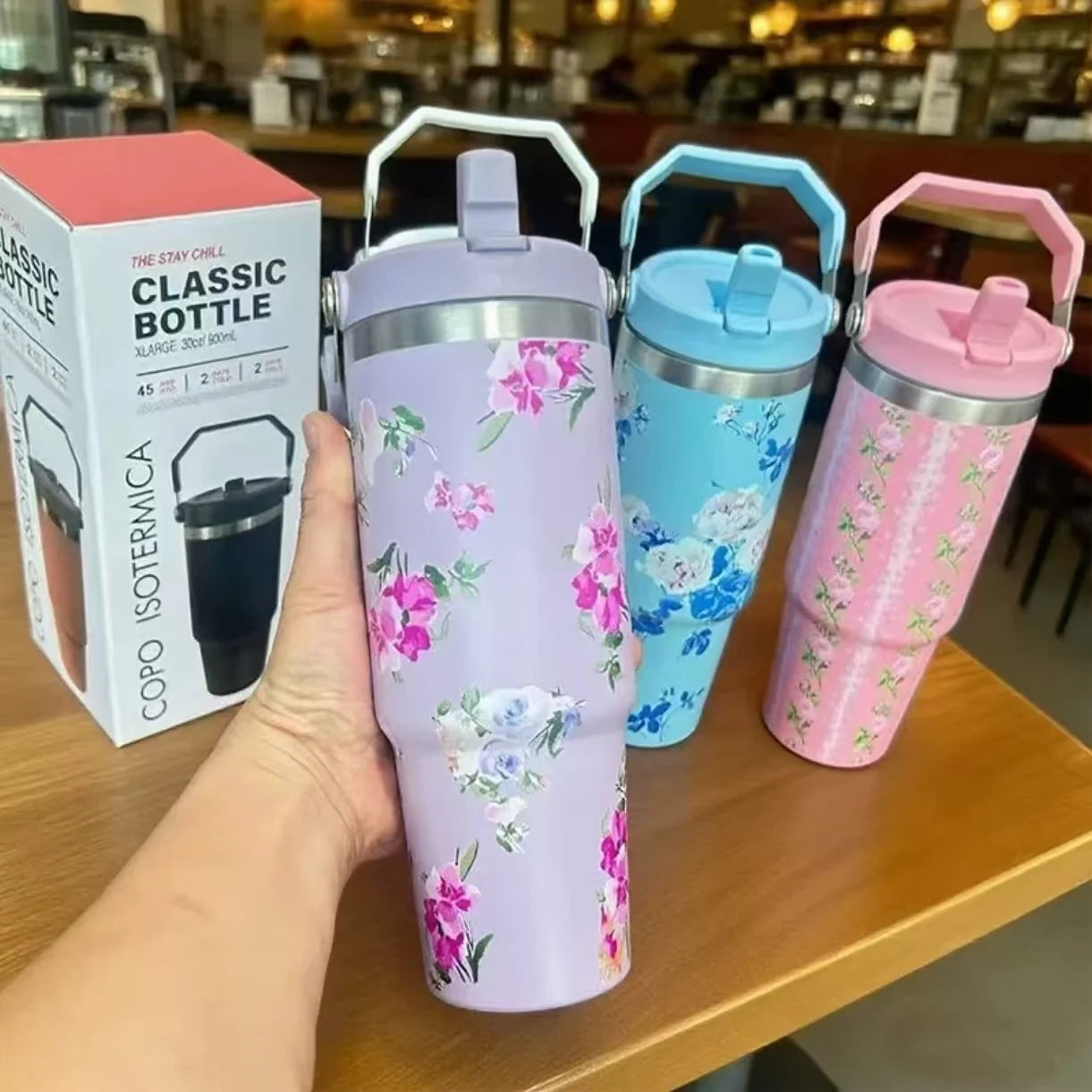 Sports Season Colorful 304 Stainless Steel Insulated Cold & Heat Retention Vacuum Cup 30oz, Handheld Car Cup 30o