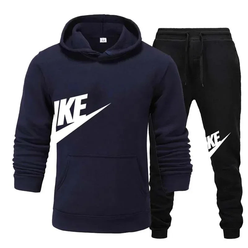 New men's casual fitness and running sportswear for autumn and winter, fashionable printed loose hooded pullover + long pants se