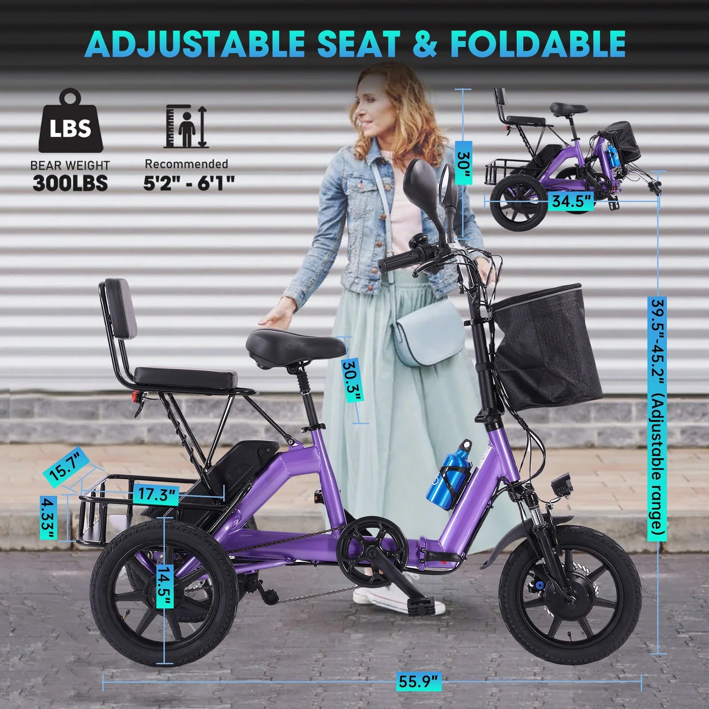 Electric Tricycle for Adults Foldable, 350W Electric Trike, Folding Trike Ebike, 3 Wheel Bikes for Adults 480Wh Removable Batter