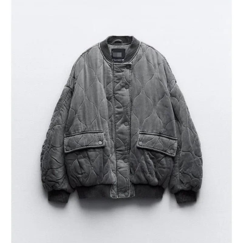 Autumn/Winter ZR Stock Cotton-Padded Loose-Fit Bomber Jacket Women's Cross-Border Best-Seller Crew Neck Casual Clothing