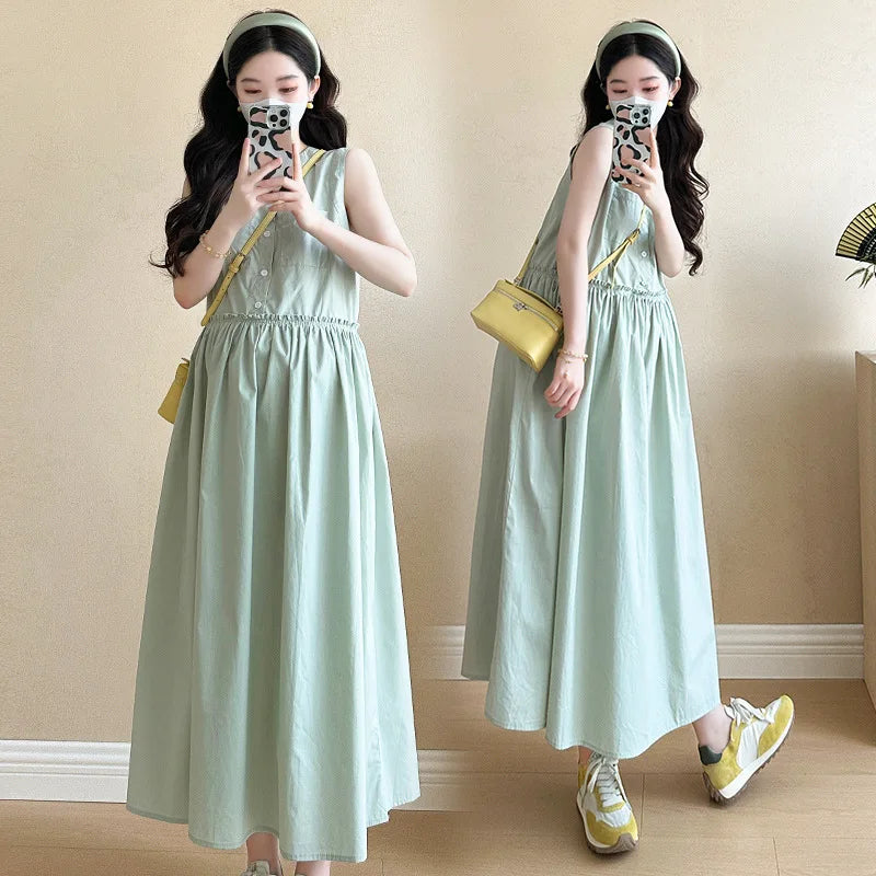Pregnant Women's Clothing 2025 New Style Small Fresh Age Reducing Sleeveless Vest Long Skirt Loose Temperament Dress