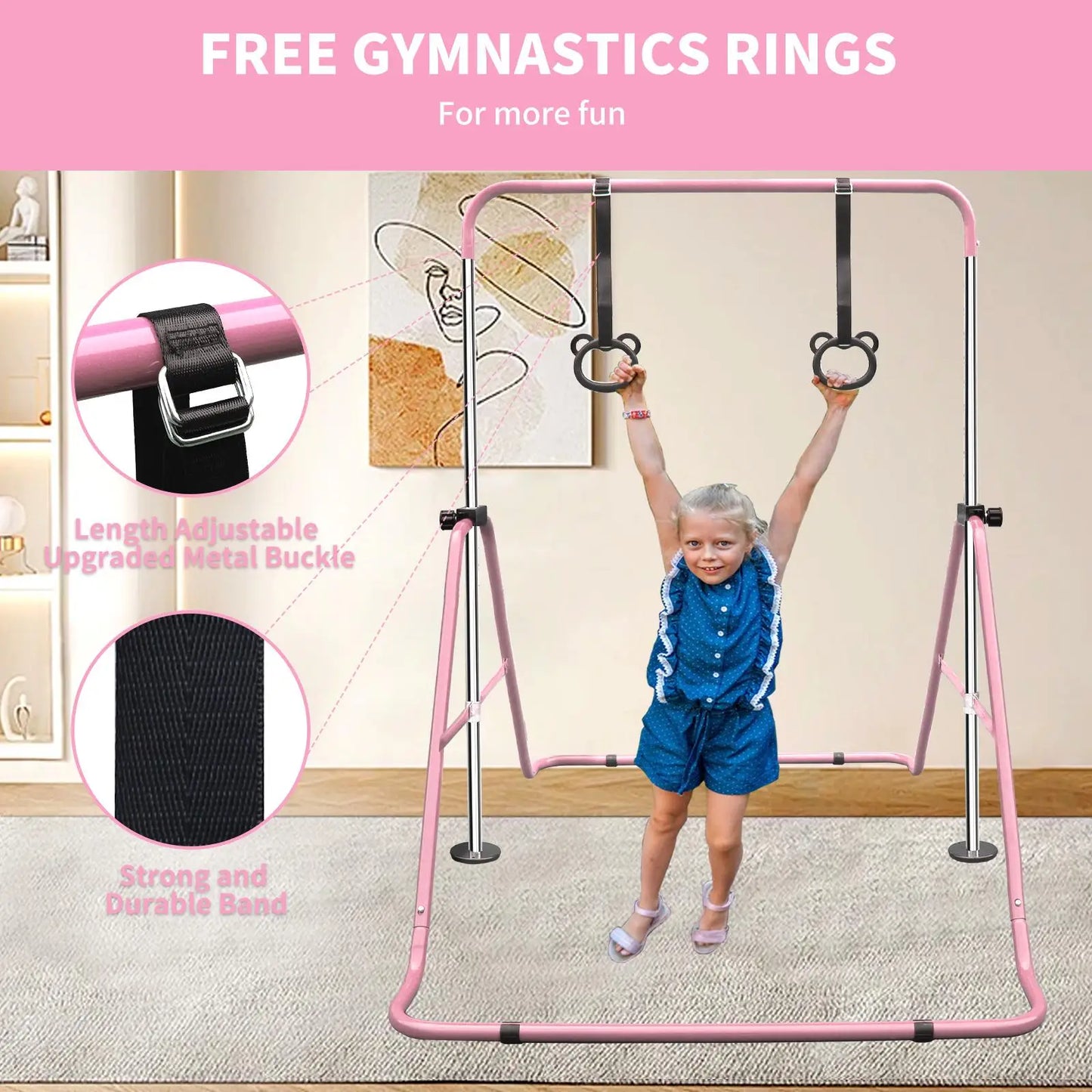 Kids' Adjustable Height Multi-functional Foldable Gymnastic Bar for Home Use