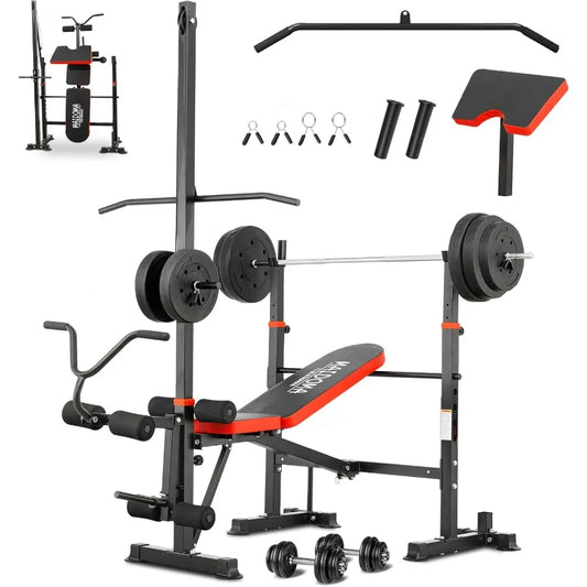 1500LB 8 IN 1 Adjustable Weight Bench with Lat Pulldown and Leg Extension Curl Foldable Design for Home Gym Includes Preacher C