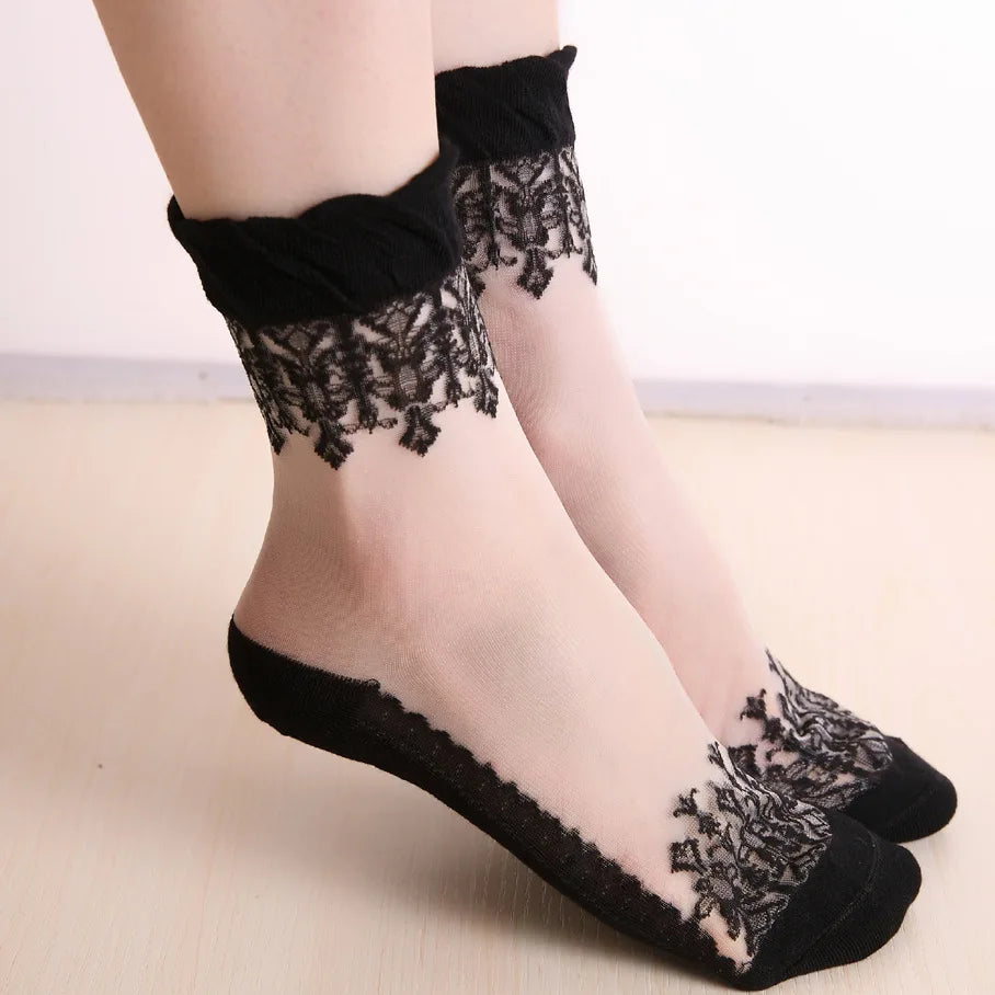1 Pair Spring Summer Ladies Ultrathin Lace Embroidery Silk Transparent Glass Crytal Stretch Women Soft Elastic Breathable Socks