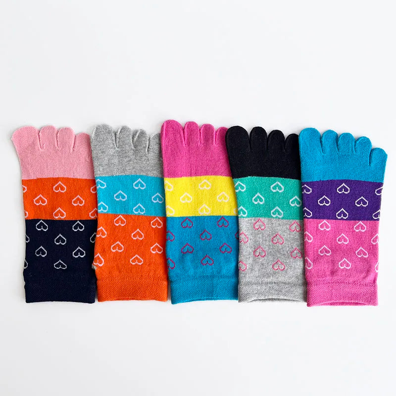 5 Pairs Woman Girl Toes Socks Ankle Cotton Bright Color Fashions Striped Love Cute Sweat-Absorbing  Low Cut Five Finger Socks