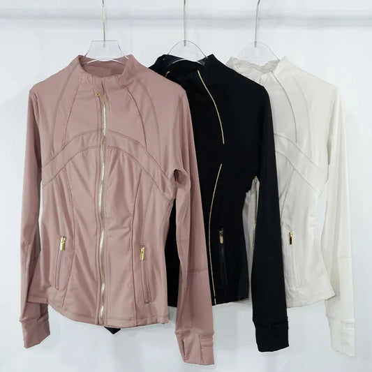 Women's Yoga Jacket with Golden Zipper |   Slim Fit Stand Collar Cardigan |   Anti-Slip Hem & Thumb Holes |   Quick-Dry High Ela
