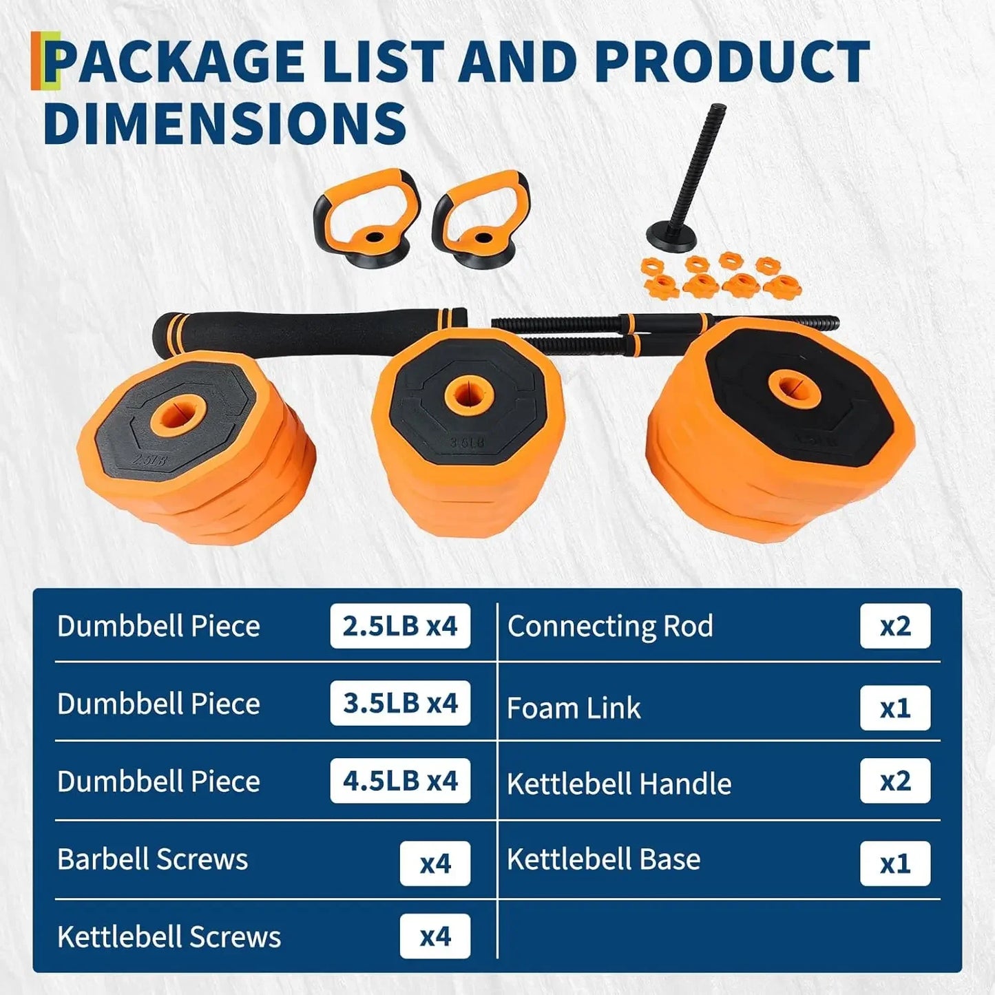 Garvee Combines Dumbbells Kettlebell Barbell Push-Up Stands, 4-in-1 Adjustable Dumbbell Set, 44 LBS Multifunctional Home Gym Weights Full Body Strength Training Equipment Orange