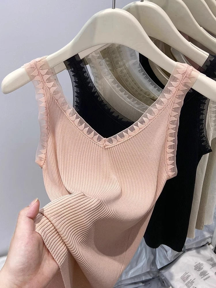 Women Summer Fashion Thin Knitted Undershirt Sleeveless Pullover Corset Top Half High Neck Comfortable Breathable Lace Tank Top