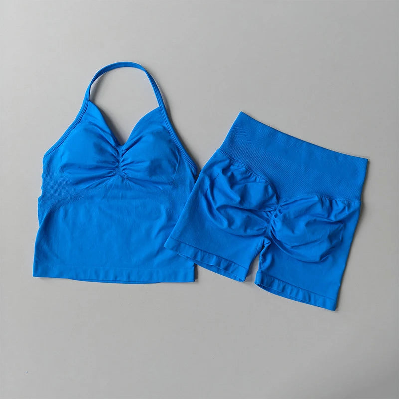 NoLogo Women 2 Piece Yoga Outfit Seamless Strappy Bra High Waist Butt Lifting Scrunch Shorts Gym Activewear