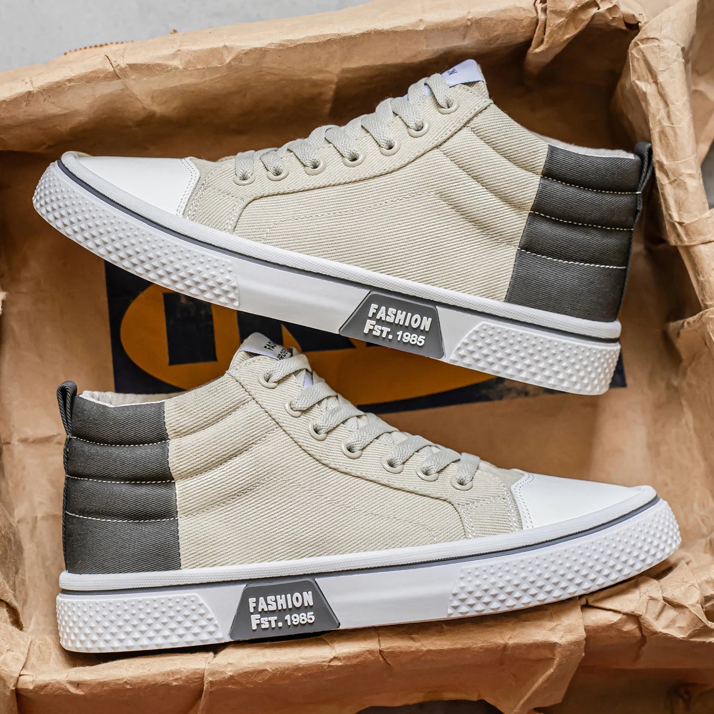 Men's canvas shoes, fashionable and trendy, mid-top, comfortable, suitable for outdoor hiking, lightweight, blue and beige, vers