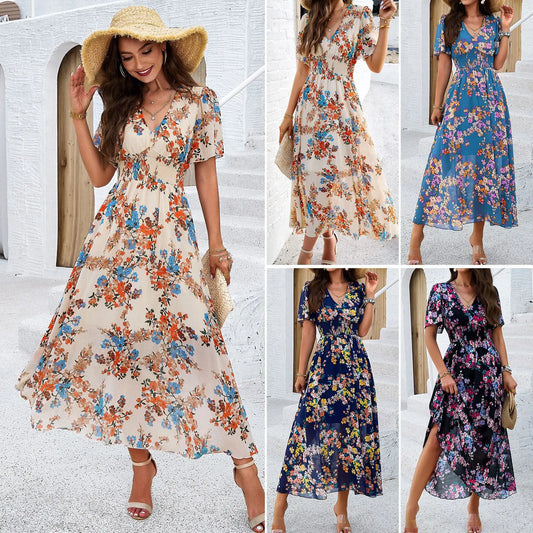 Women's clothing 2025 spring and summer, temperament printing waist short sleeves, dresses, long styles