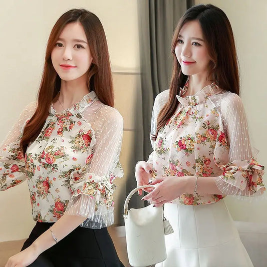 Women's Shirt  and Blouse Simple Female Tops Lantern Sleeve Floral Elegant Social Youthful Woman Clothes Streetwear M Vintage Xl