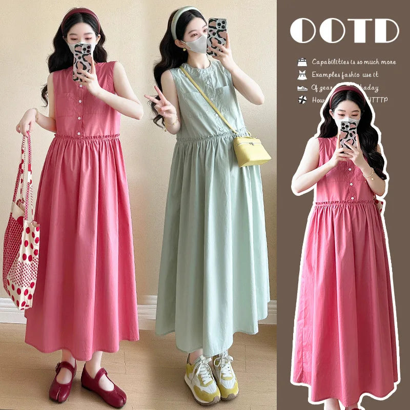 Pregnant Women's Clothing 2025 New Style Small Fresh Age Reducing Sleeveless Vest Long Skirt Loose Temperament Dress