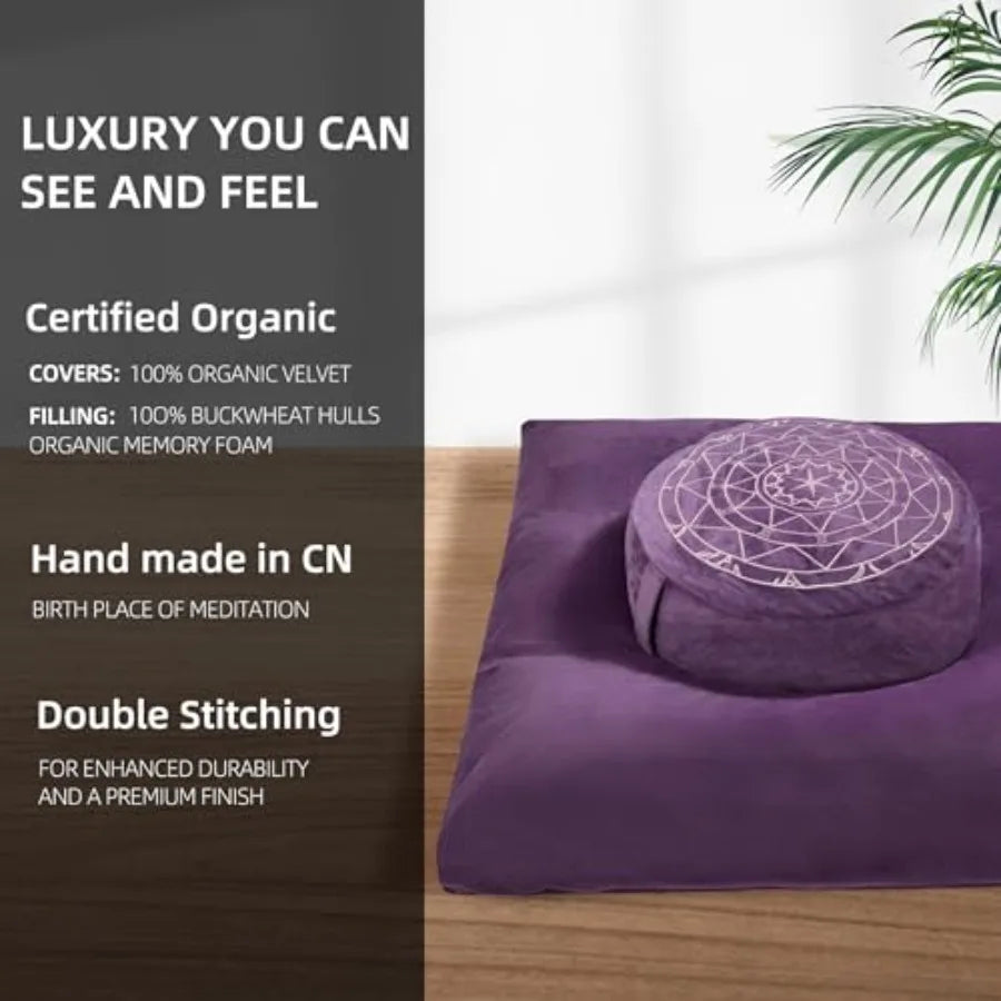 Zafu and Zabuton Meditation Cushion Set - Buckwheat Hull and Memory Foam Pillows Ergonomic Support for Yoga Mindfulness - Organ