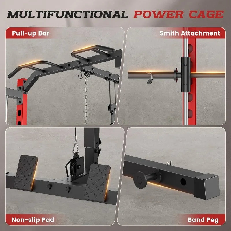 OPPSDECOR Smith Machine Power Rack for Home Gym - All-in-One Power Cage Squat Rack with LAT Pulldown, Cable Machine
