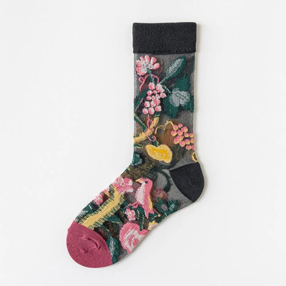 5 Pairs/Set France Hipster Design Glass Silk Floral Bird Funny Socks Women Transparent Art Ankle  Socks Jacquard