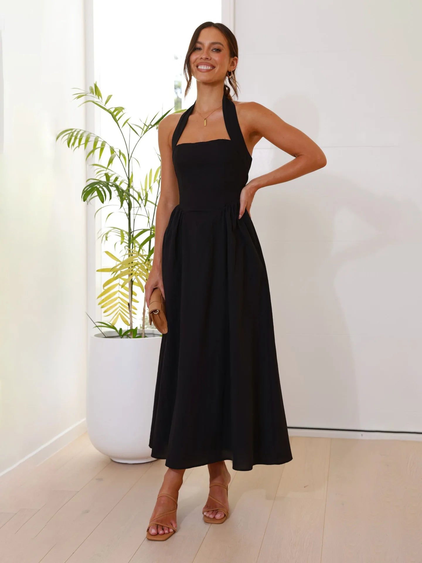 European and American Women's Clothing 2025 New Temperament Solid Color Square Collar Waist Halter Neck Backless Dress
