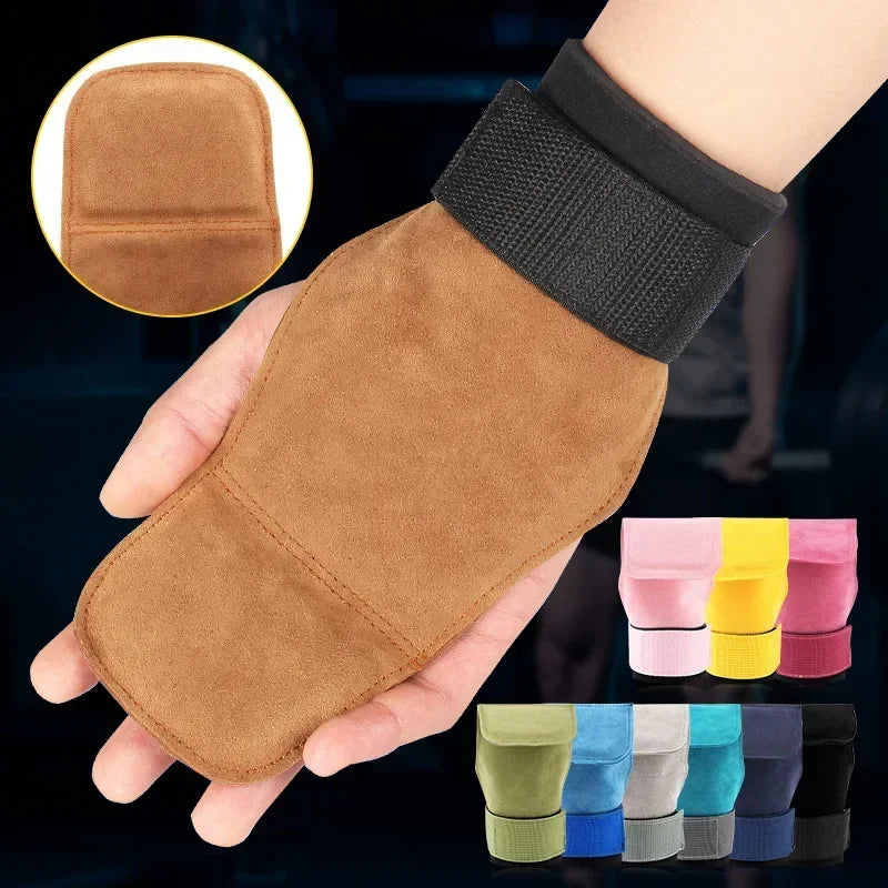 2Pcs Cowhide Gym Gloves Grips Anti-Skid Weight Power Booster Belt Lifting Pull-up Deadlift Workout Fitness Palm Training Guards