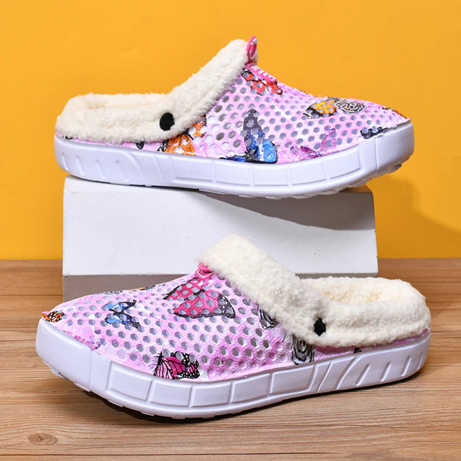 Women's Cotton Slippers Butterfly Pattern Clogs Mules Autumn and Winter Warm Plus Velvet Thickening