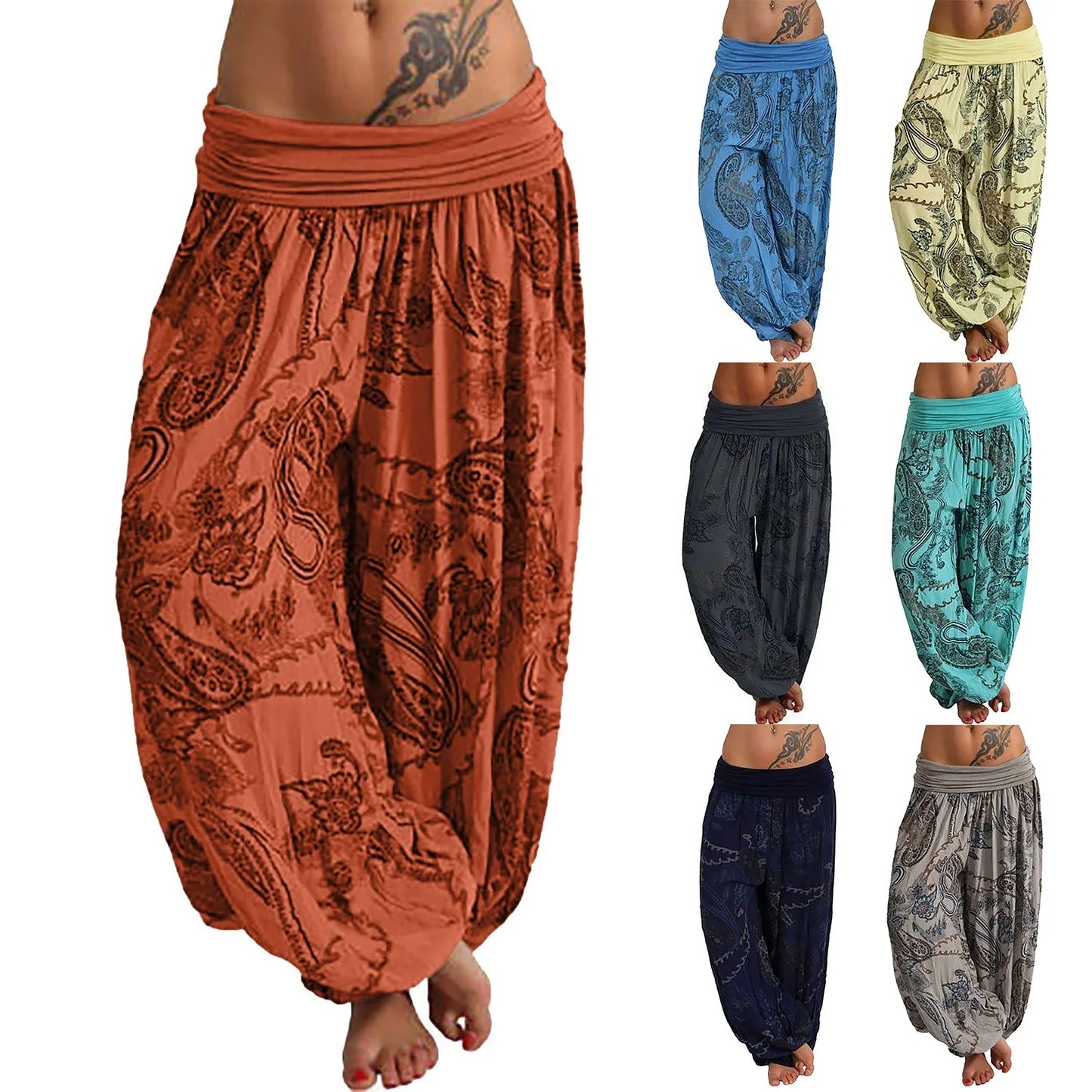 Women's Fashion Lightweight Loose Ethnic Style Pleated Trousers Casual Soft and Comfortable Printed Yoga Pants
